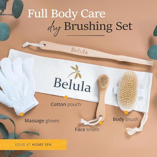Belula 100% Boar Bristle Dry Brushing Body Brush Set, Face Brush, Gloves