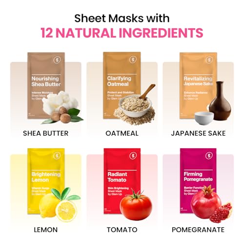 GLAM UP Korean Facial Sheet Mask 12 Pack – Hydrating Glass Skin Face Masks, Korean Skincare for Sensitive & Dry Skin, Easter Gifts, Teen Girl Gifts, Stocking Stuffers for Women, Spa Gift Set