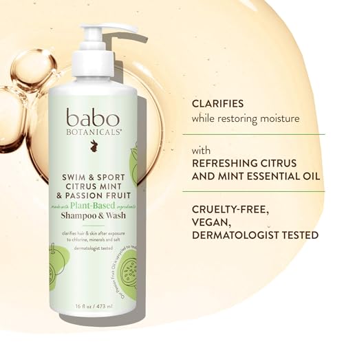 Babo Botanicals Swim & Sport Citrus Mint & Passion Fruit Shampoo & Wash - Purifying Cleanser for hair & body- Removes chlorine & sweat - For all ages - Scented with Citrus & Peppermint Oil - 16 Fl Oz