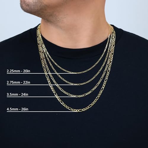 Nuragold 10K Real Yellow Gold Figaro Solid Link Chain Necklace Men & Women - 24",2.25mm
