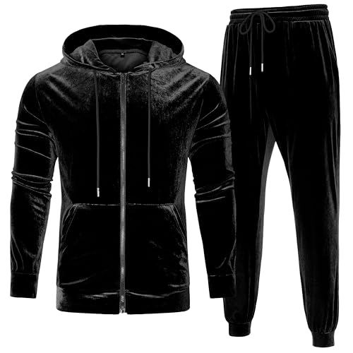 LecGee Men's 2 Pieces Full Zip Tracksuits Velvet Sport Suits Casual Outfits Jacket & Pants Fitness Tracksuit Set(Black,Large)