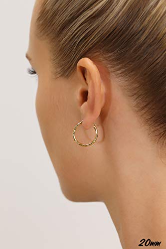 10K Yellow Gold Hand Engraved Full Diamond-cut Round Hoop Earrings 20mm