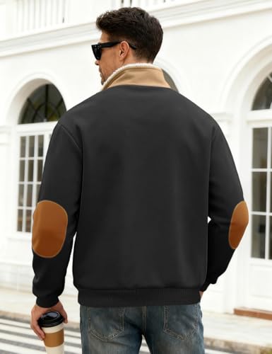 QOSOQ Men's Fleece Sweatshirts Vintage Quarter Zip Pullover shirt Casual Long Sleeve Sweatshirt warm tops Black