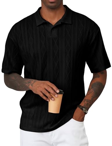 JMIERR Polo Shirts for Men Classic Fit Short Sleeve Loose Casual Soft Button Old Money Textured Cable Knit Shirt Quiet Luxury Clothes, XL, Black