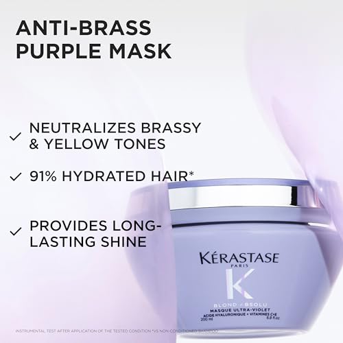 Kerastase Blond Absolu Ultra-Violet Purple Hair Mask For Lightened, Highlighted and Grey Hair - Neutralizes Brassy and Yellow Undertones With Hyaluronic Acid, 6.8 Fl Oz