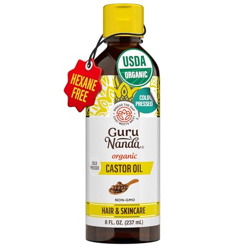 GuruNanda Castor Oil Organic USDA Certified (8 Fl oz) - 100% Pure & Natural, Cold Pressed & Hexane-Free, Hydrating Carrier Oil for Skin, Hair, Eyebrows & Eyelashes Growth