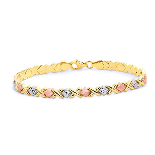 14k REAL Tri Color Gold Diamond Cut Stampato XOXO Bracelet with Lobster Claw Clasp - 7.25"