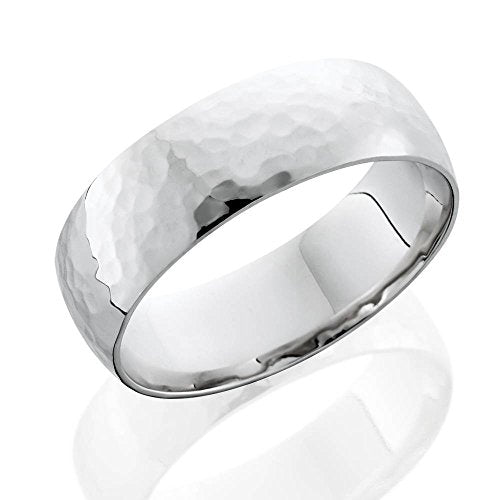 P3 POMPEII3 Pompeii Mens 7mm 14K White Gold Polished Hammered Wedding Ring Band - Size 9.5