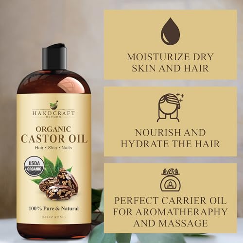 Handcraft Blends Organic Castor Oil 16 Fl Oz | 100% Pure and Natural | Premium Grade Carrier Oil | Hair, Eyelashes and Eyebrows | Hair and Body | Expeller-Pressed | Hexane-Free