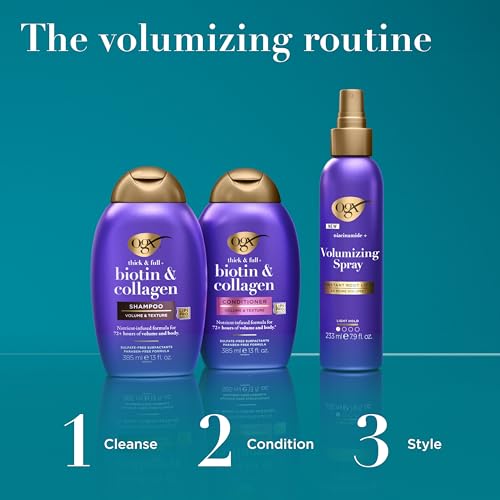 OGX Thick & Full + Biotin & Collagen Volumizing Shampoo, Nutrient-Infused Hair Shampoo with Vitamin B7 Biotin Gives Hair Volume & Body for 72+ Hours, Sulfate-Free Surfactants, 13 fl. oz