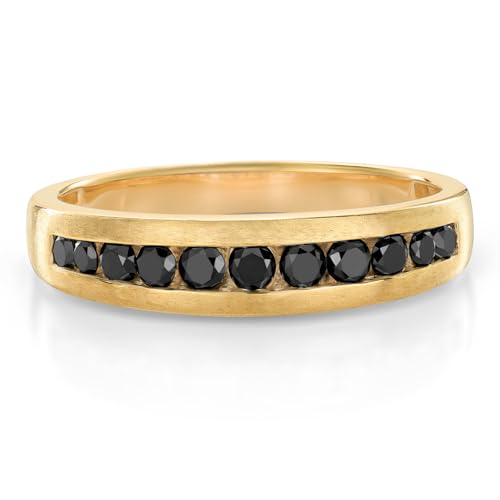 Gem Stone King Black Diamond Satin Finish Wedding Band Ring for Men | 10K Yellow Gold | 0.59 Cttw | Round 2.5MM and 2MM | Size 7