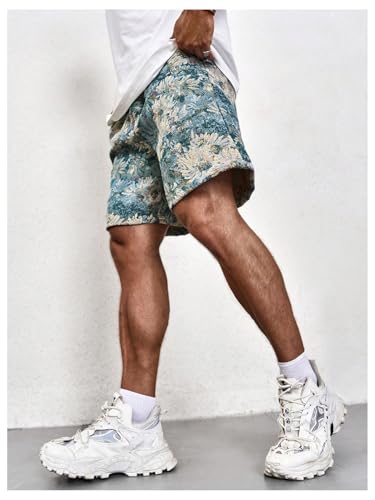 GORGLITTER Men's Floral Embroidery Drawstring Shorts Graphic Paisley Casual Gym Shorts Blue Medium