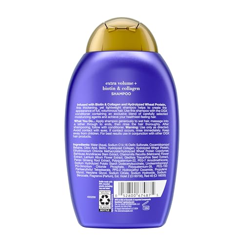 OGX Thick & Full + Biotin Collagen Extra Strength Volumizing Shampoo with Vitamin B7 Hydrolyzed Wheat Protein for Fine Hair. Sulfate-Free Surfactants Thicker, Fuller Hair, 13 Fl Oz
