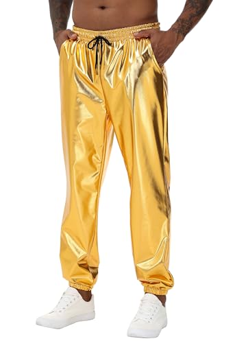 NewL Mens Gold Metallic Shiny Rave Night Club Pants Comfort Sweatpants Disco Dance Party Elastic Trousers (US, Alpha, Small, Regular, Regular, Gold)