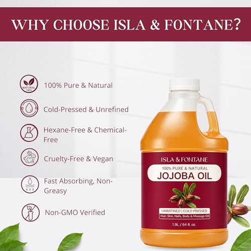 ISLA & FONTANE Jojoba Oil – 64 fl oz | 100% Pure & Natural | Golden, Unrefined, Cold Pressed | Hexane-Free Carrier Oil for Skin, Hair, Face, Nails & Body Moisturizing