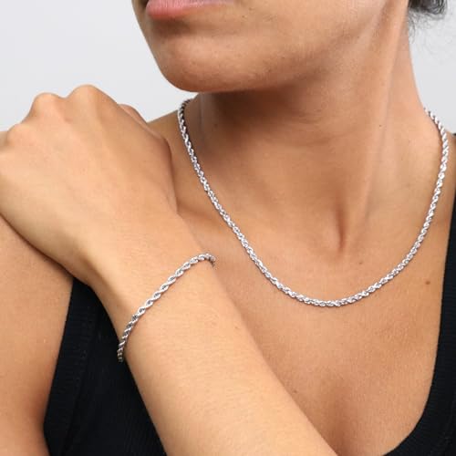 Nuragold 14k Real White Gold 3mm Rope Chain Diamond Cut Bracelet (7"-9") - 8.5"