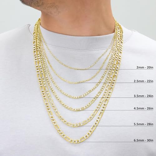 Nuragold 10k Real Yellow Gold Figaro Link Pave Diamond Cut Chain Necklace - 22",4.5mm