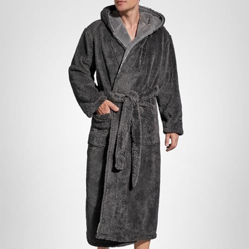SlumberMee Mens Robe with Hood, Heavyweight Plush Fleece Bathrobe for Men, Full Length Soft Shu Velveteen House Coat with Secure Sewn-in Belt and Deep Pockets(Dark Grey, M)