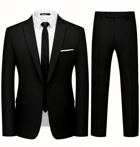 WULFUL Men's 2 Piece Slim Fit Suit Set One Button Blazer Jacket Pants Tuxedo Set for Party, Wedding and Business Black
