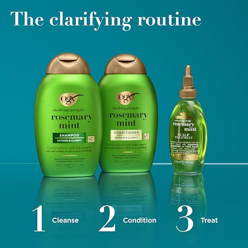 OGX Extra Strength Refreshing Scalp + Rosemary Oil Mint Dry Scalp Treatment, Peppermint & Witch Hazel Scalp Detox, Clarifying Leave-In to Help Remove Buildup and Refresh, Shiny Hair Finish, 4 fl oz