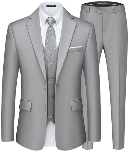 Saruit Men's Suits Slim Fit Tuxedo Suit Set 3 Piece 2-Button Solid Prom Wedding Party Blazer Vest Pants Light Grey