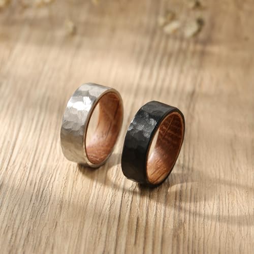 Adreamz 8mm Silver Hammered Stainless Steel Ring Whiskey Barrel Wood Inner Hole Inlaid Fashion Promise Wedding Band for Men Women Comfort Ring Size 11.5
