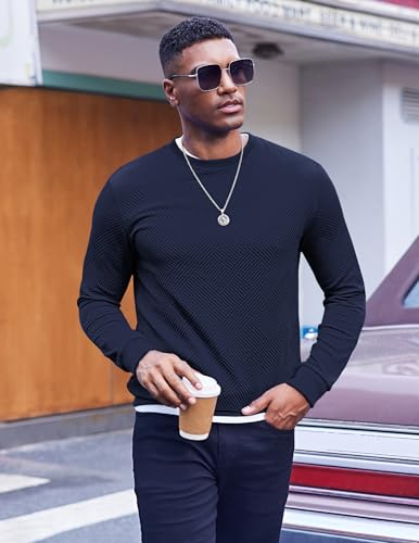 COOFANDY Men's Crewneck Sweatshirts Geometric Texture Casual Long Sleeve Pullovers Solid Color Lightweight Pullover Tops