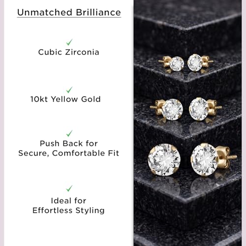 Jewelili 10K Yellow Gold 3 Pair Stud Earrings Set for Women