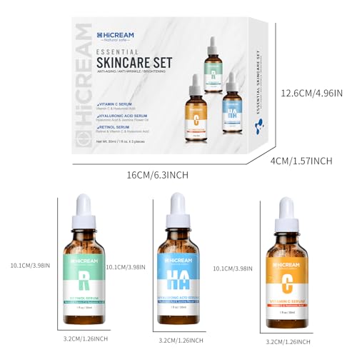 Hicream Face Serum Set - Vitamin C Serum, Hyaluronic Acid & Retinol with Hydrating, Brightening & Firming Skin, Anti-aging Skin Care Set for Women, Targets Fine Lines & Dark Spots, 1 Fl Oz (Pack of 3)