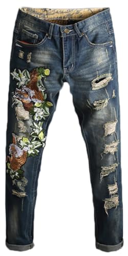Enrica Men's Straight Slim Fit Ripped Distressed Jeans with Embroidered Patches Pants, Blue 0795, 38