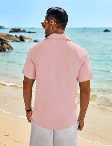 COOFANDY Men's Beach Shirts Short Sleeve Casual Shirt Summer Linen Button Up Shirts Pink