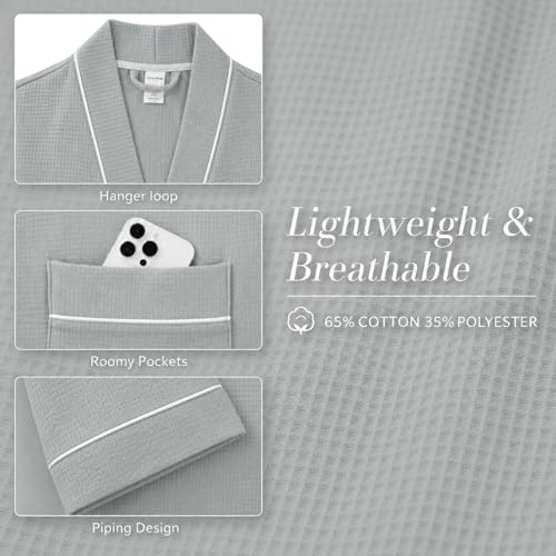 Inner Wish Women's Cotton Waffle Kimono Robe, Lightweight Quick Dry Spa Shower Robe with Pockets, GREY, M