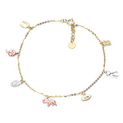 14k REAL Tri Color Gold Lucky Chain Anklet - 9+1"