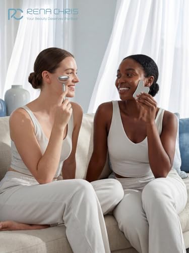 Rena Chris Gua Sha and Face Roller Set: Anti-Breakage Stainless Steel Roller for Long-Lasting Use, Jawline Sculpting and Puffiness Reducing, Gua Sha Facial Tools for Self Care Gift (Silver)