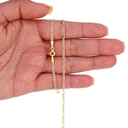 Nuragold 10k Real Yellow Gold Figaro Link Pave Diamond Cut Chain Necklace - 20",2mm