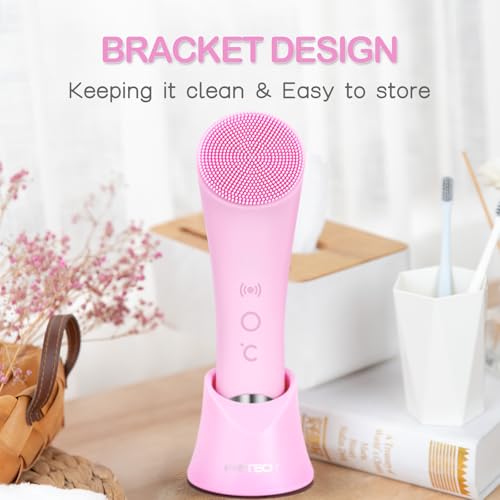PRITECH Facial Cleansing Brush, Rechargeable Silicone Face Scrubber with Heat Massage End, Vibrating Exfoliator Scrubber for Deep Cleaning, Waterproof Face Brush for Women and Men (Pink)