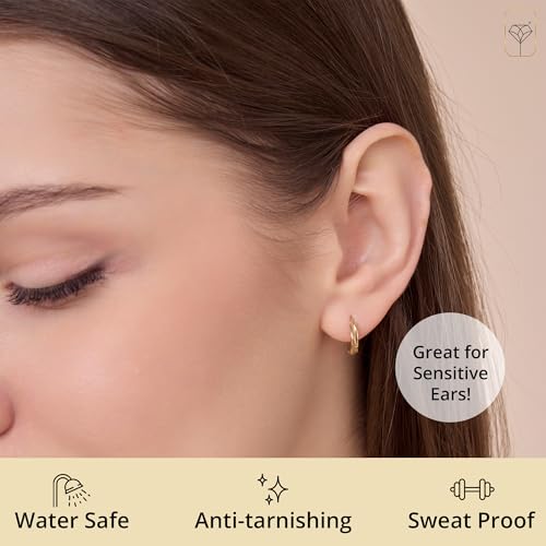 MAX + STONE Solid 10k Gold Hoop Earrings for Women with Hidden Hinged Back 12 mm (0.47 inches) Yellow Huggie Fancy