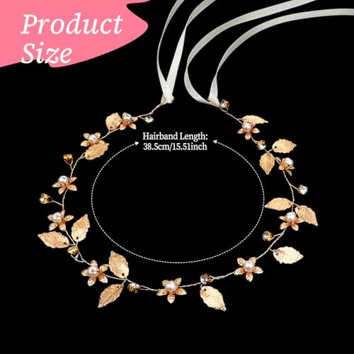 KALIONE Gold Leaf Headband Wedding Bridal Boho Hair Piece Flower Girl Headpiece Pearl Accessories for Kids Gold Hair Vine for Prom Party