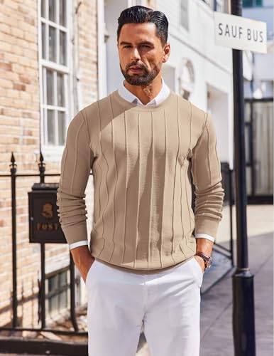 COOFANDY Mens Crew Neck Sweater Cable Knit Pullovers and Sweater Business Casual Sweatshirts Khaki