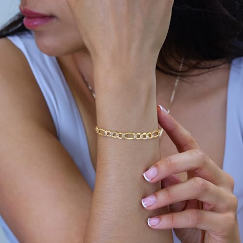 Nuragold 10k Real Yellow Gold Figaro 5.5mm Pave Diamond Cut Chain Bracelet - 8"