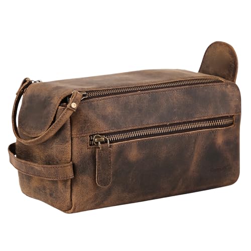 KomalC Premium Buffalo Leather Toiletry Bag for Men & Women – Leather Shaving Kit With Water resistant Lining, Premium Toiletry Travel Pouch, Unisex Wash Bag for Toiletries, Gifts for Men and Women