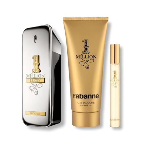 Rabanne 1 Million Lucky Gift Set for Men - Discover Long Lasting Woody Aromatic Eau de Toilette Fragrance + Shower Gel & Travel Cologne Spray - Father's Day, 3 Piece