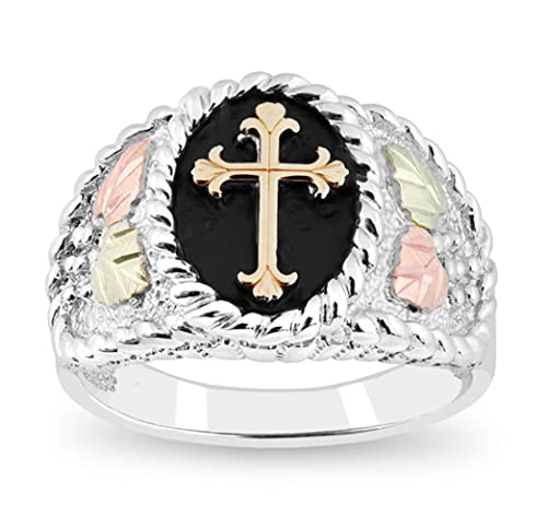 Men's Cross Ring, Sterling Silver, 10k Yellow Gold, 12k Green and Rose Gold Black Hills Gold Motif, Size 13