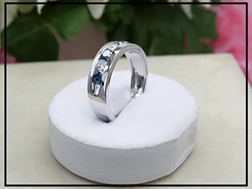 Dazzlingrock Collection 0.85 Cttw Round White & Blue Diamond Mens Anniversary Wedding Ring, 14K Solid White Gold, Size 9