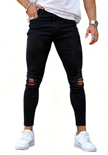 GINGTTO Ripped Jeans Men Stretch Mens Skinny Jeans with Holes Black 36W30L