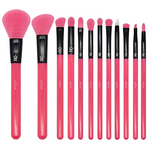 MODA Neon Pink Makeup Brush Set, 12pc Colorful Face & Eye Brushes, Vegan