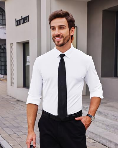 Alimens & Gentle Stretch Mens Dress Shirts Tuxedo Shirts for Men Slim Fit Long Sleeve Casual Skinny Muscle Fit Wrinkle Free Button Down Shirt White