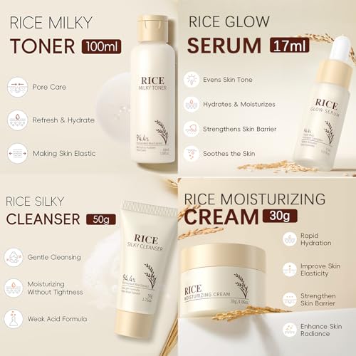 Rice Skincare Set for Teen Girl Gifts Birthday - Skin Care for Teens 10-12 - Hydrating Skin Care Routine Kit for Women - Gifts Birthday Facial Kit for Women - Skin Care Set with Cleanser,Serum