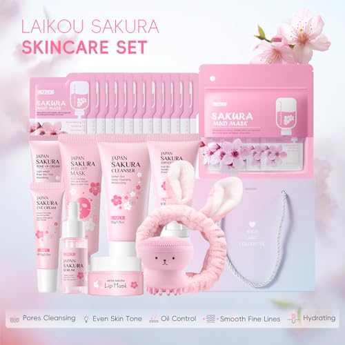 LAIKOU Sakura Skincare Set for Teen Girls, Complete Face Care Kit 34pcs