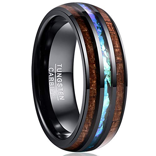 Vakki Mens Black Tungsten Wedding Band, Blue Opal Inlay, 8mm Size 10